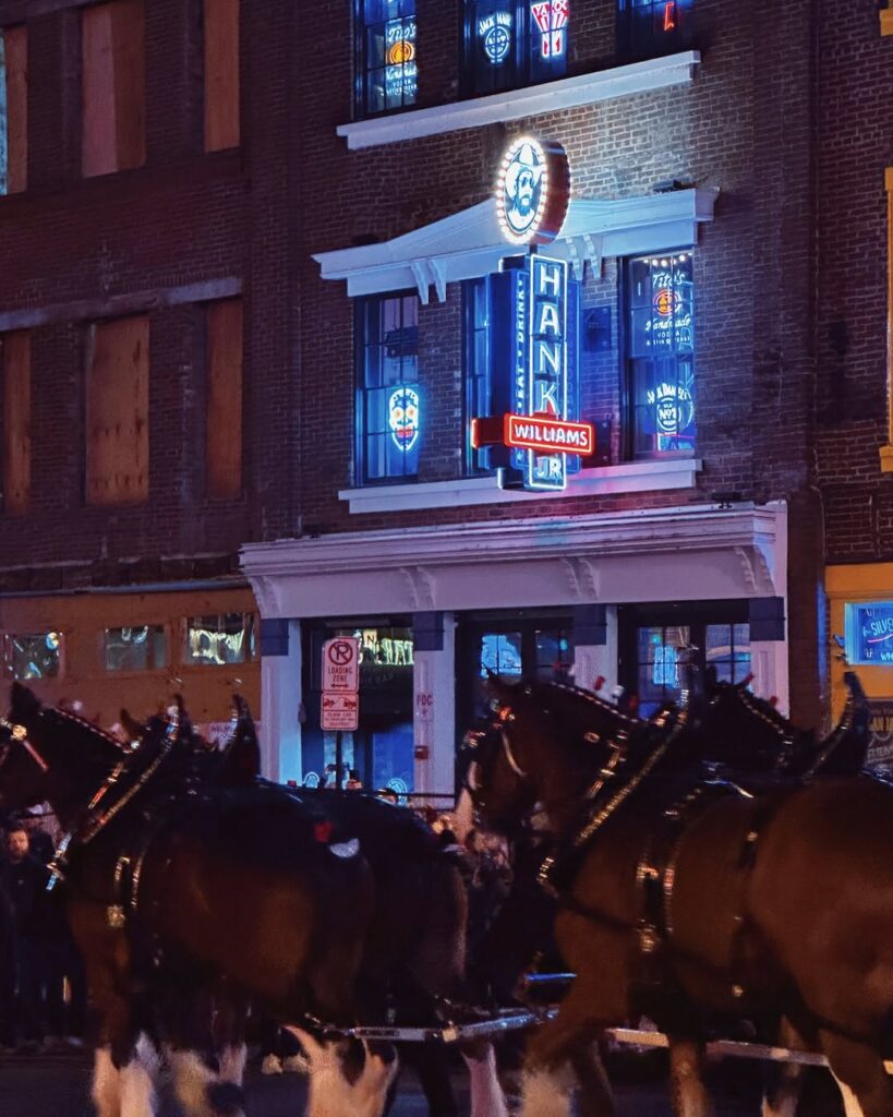 Nighttime on Broadway in Nashville in front of Hank Williams Jr's Boogie Bar