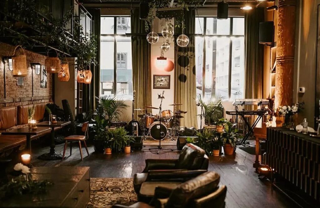 Interior of Black Rabbit cocktail bar in Nashville with vintage-inspired décor.