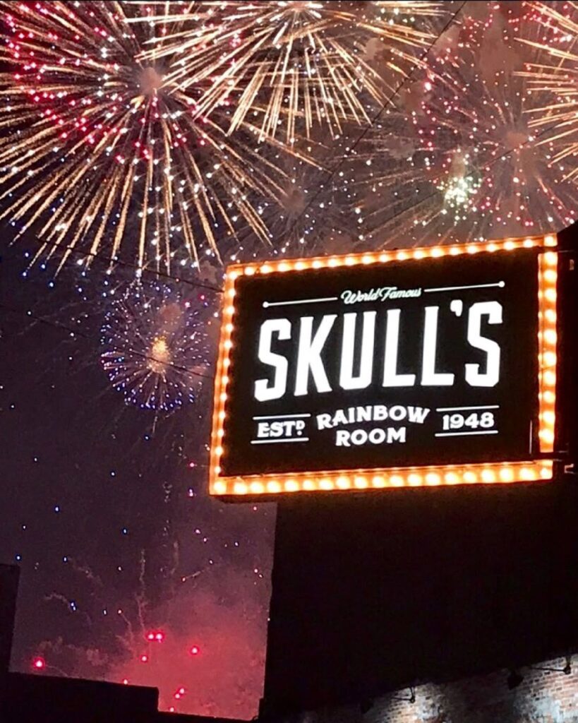 Exterior of Skull’s Rainbow Room in Nashville’s historic Printer’s Alley.