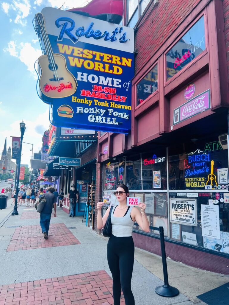 Exterior of Robert’s Western World on Broadway in Nashville, with neon honky-tonk signs and live music atmosphere.