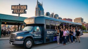 Rowdy Bus party bus in Nashville with passengers boarding, showcasing luxury transportation